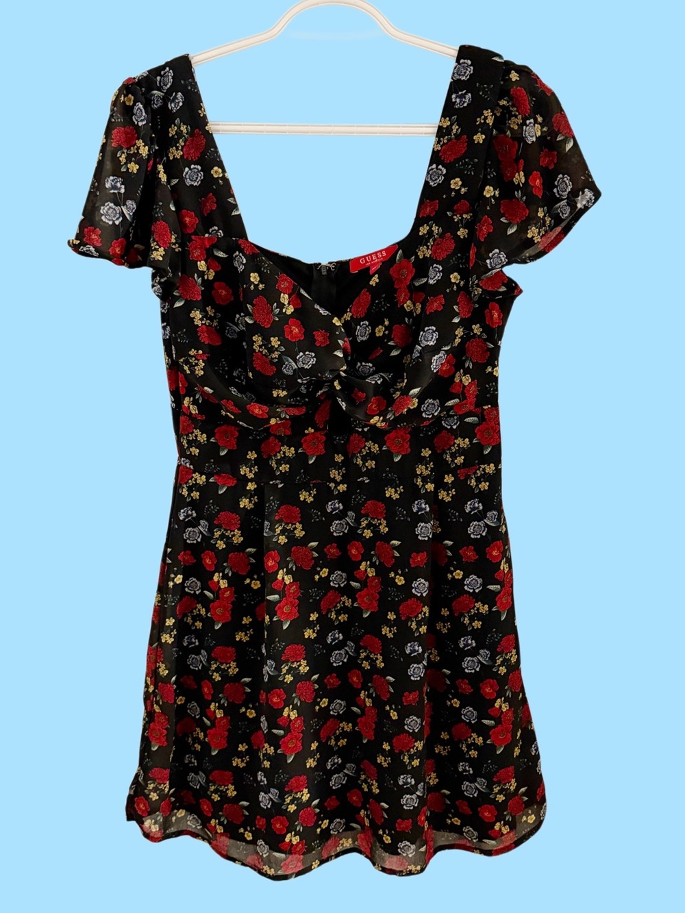 Guess Black Mini Dress with Red, White & Yellow Floral Print